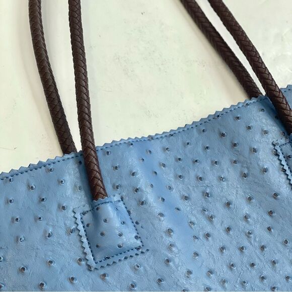 Milan Chiva Tote Bag Large Ostrich Shoulder Handbags Top Handle Zipper Blue - Picture 9 of 15
